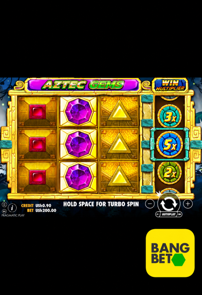 Aztec Gems slot interface with gemstone symbols, multiplier reel and official Bangbet Uganda logo.