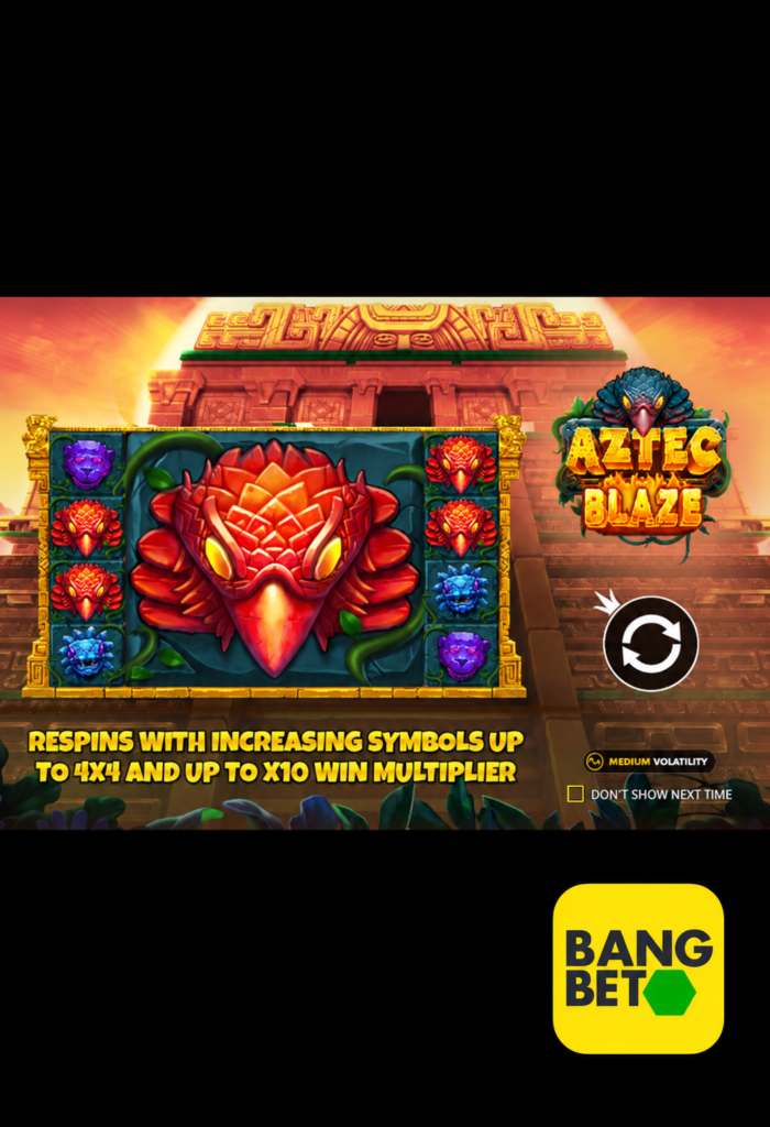 Aztec Blaze slot interface with expanding symbols, win multiplier feature and Bangbet Uganda logo.
