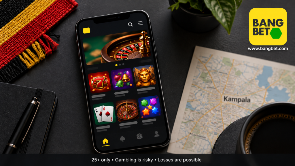 Smartphone showing casino games beside a Kampala map, Ugandan-colour fabric, Bangbet logo and www.bangbet.com.