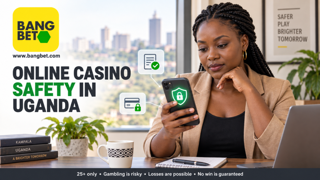 Adult Ugandan woman holding a smartphone with security icons beside Bangbet branding and an online-casino safety headline.