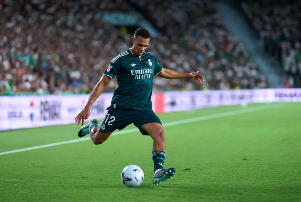 Real Madrid defender Trent Alexander-Arnold in possession against Elche during a LaLiga match.