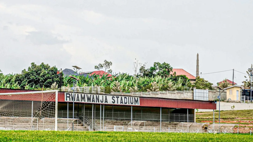 View of the main stand and football pitch at Rwamwanja Stadium in Kamwenge, Uganda.
