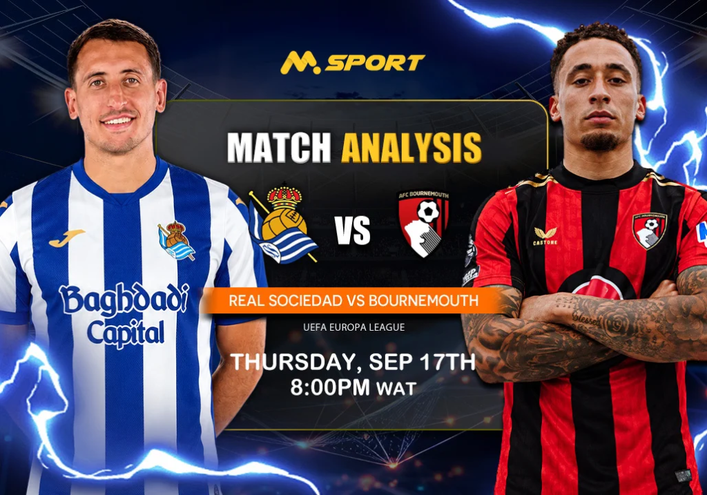 A Match Analysis graphic previewing Real Sociedad vs Bournemouth in the UEFA Europa League, featuring a Real Sociedad player in blue and white and a Bournemouth player in red and black, with kickoff set for Thursday, September 17th at 10:00pm Uganda time.
