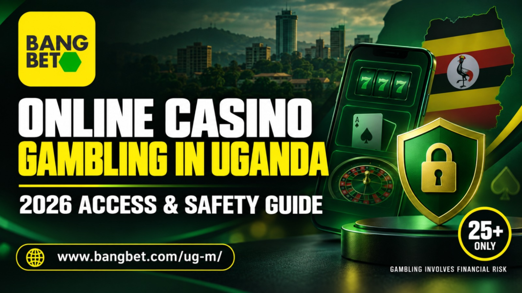 Bangbet Uganda online casino safety graphic featuring a smartphone, casino symbols, security shield, Uganda map, 25+ notice and Bangbet website domain.