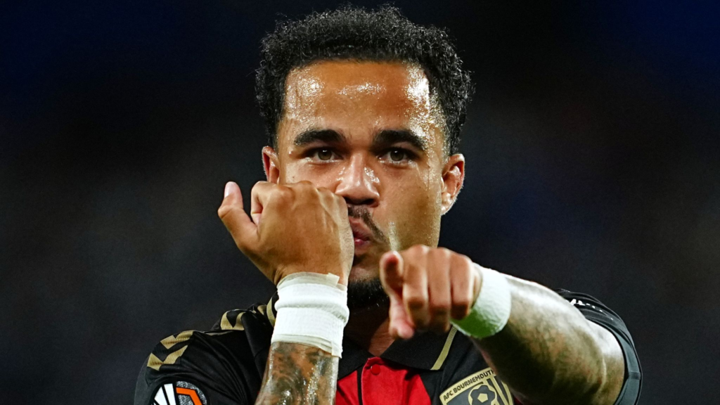 Bournemouth player Justin Kluivert celebrating after scoring the opening goal against Real Sociedad.