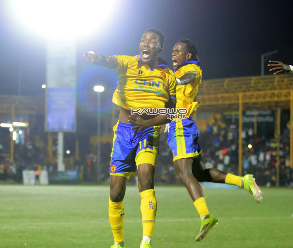 player Ivan Ahimbisibwe celebrating after scoring a goal last season.