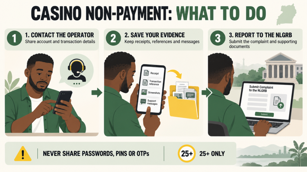 Illustration showing a Ugandan customer contacting the operator, saving transaction evidence and submitting a complaint to the NLGRB.