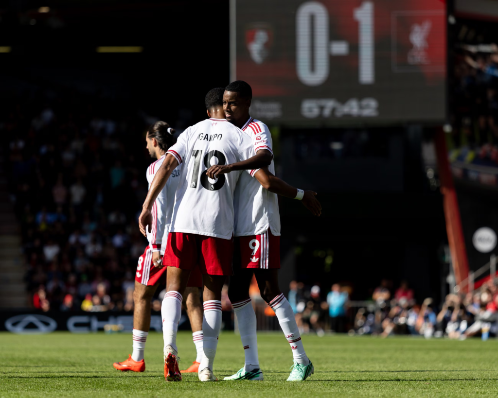 Liverpool player Alexander Isak celebrating a goal with teammate Cody Gakpo.