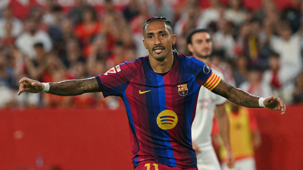 Barcelona forward Raphinha celebrating after completing his second hat-trick in under a week.
