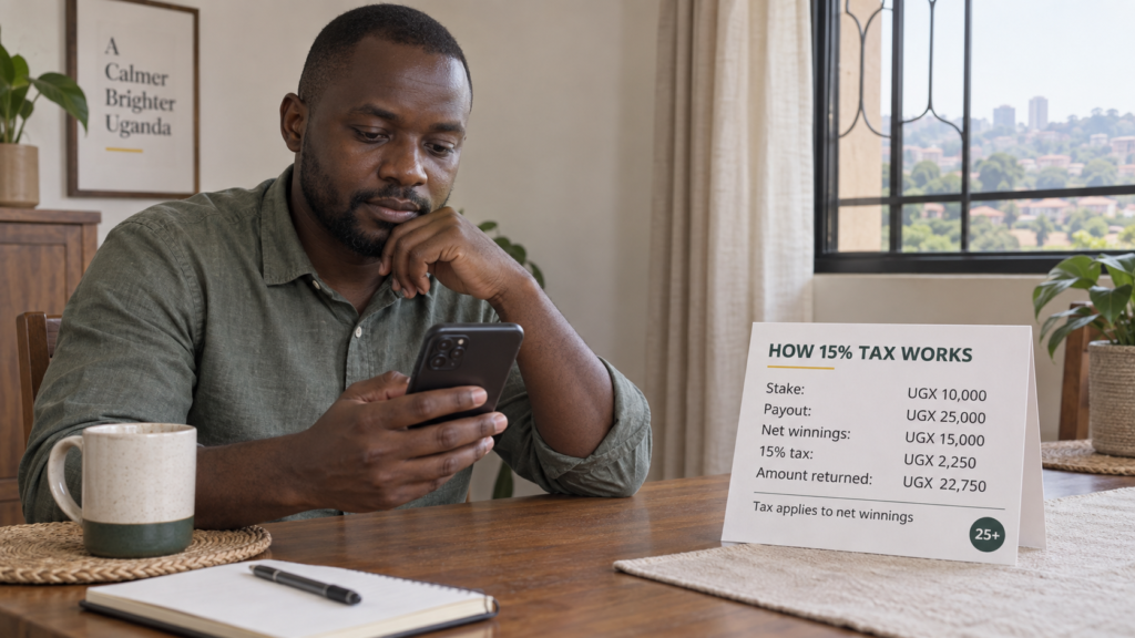 Ugandan adult checking a phone beside an example showing 15% tax calculated on net betting winnings.