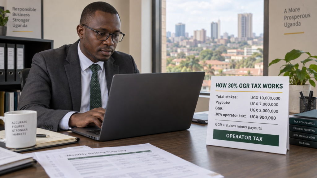 Ugandan finance professional reviewing a GGR example showing UGX 10 million in stakes, UGX 7 million in payouts and UGX 900,000 operator tax