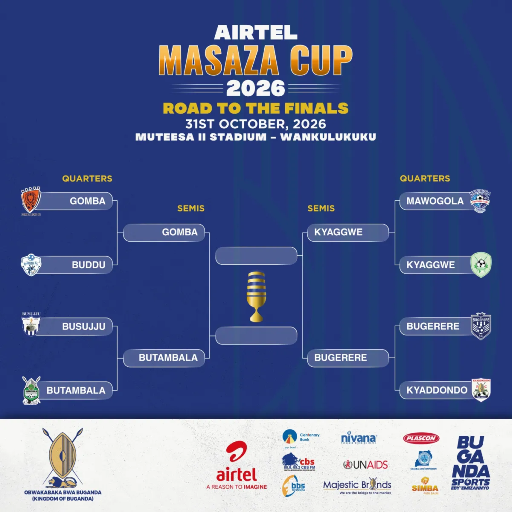 Airtel Masaza Cup 2026 bracket: semi-finals Gomba vs Butambala and Kyaggwe vs Bugerere, ahead of the final on 31st October at Muteesa II Stadium, Wankulukuku.