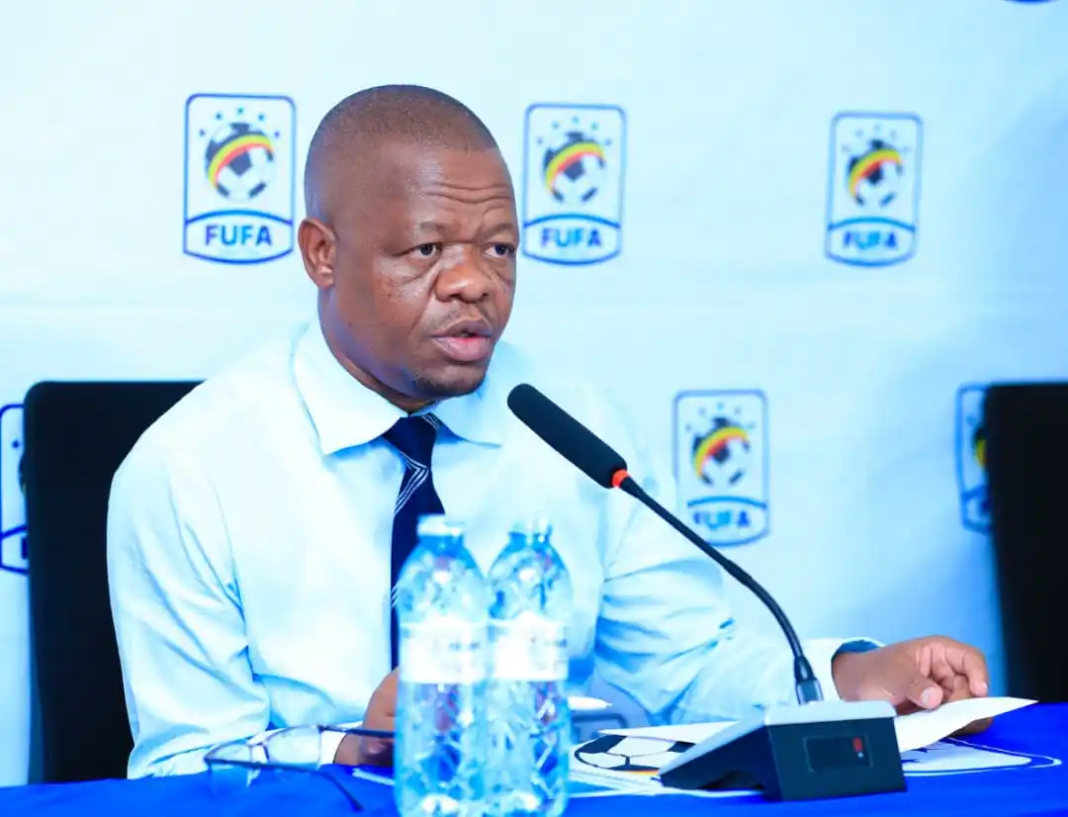 FUFA President Moses Magogo speaking to journalists during a press briefing at Kadiba on 21 September 2026.