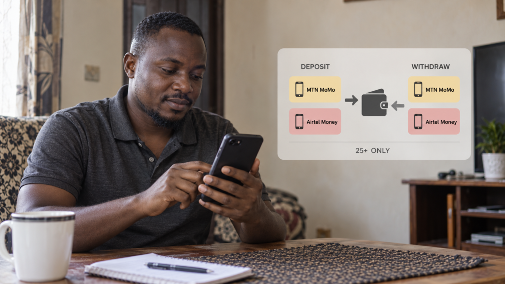 Ugandan adult using a smartphone beside a muted guide showing deposits and withdrawals through MTN MoMo and Airtel Money for customers aged 25 and above.