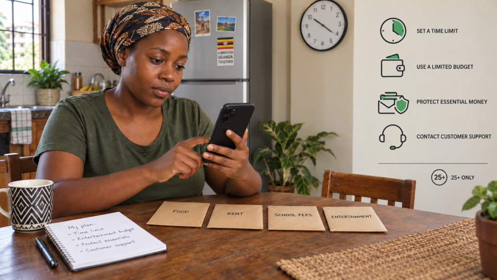 Ugandan woman using a smartphone while planning a limited betting budget, with reminders to protect essential money and set time limits.
