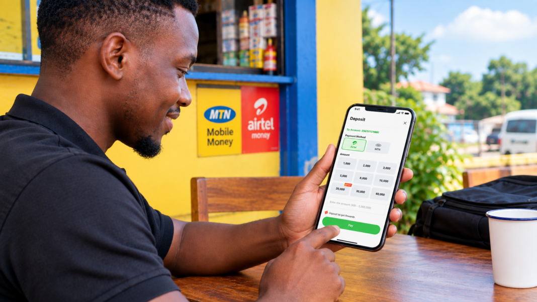 Ugandan man using smartphone to make Bangbet mobile-money deposit.