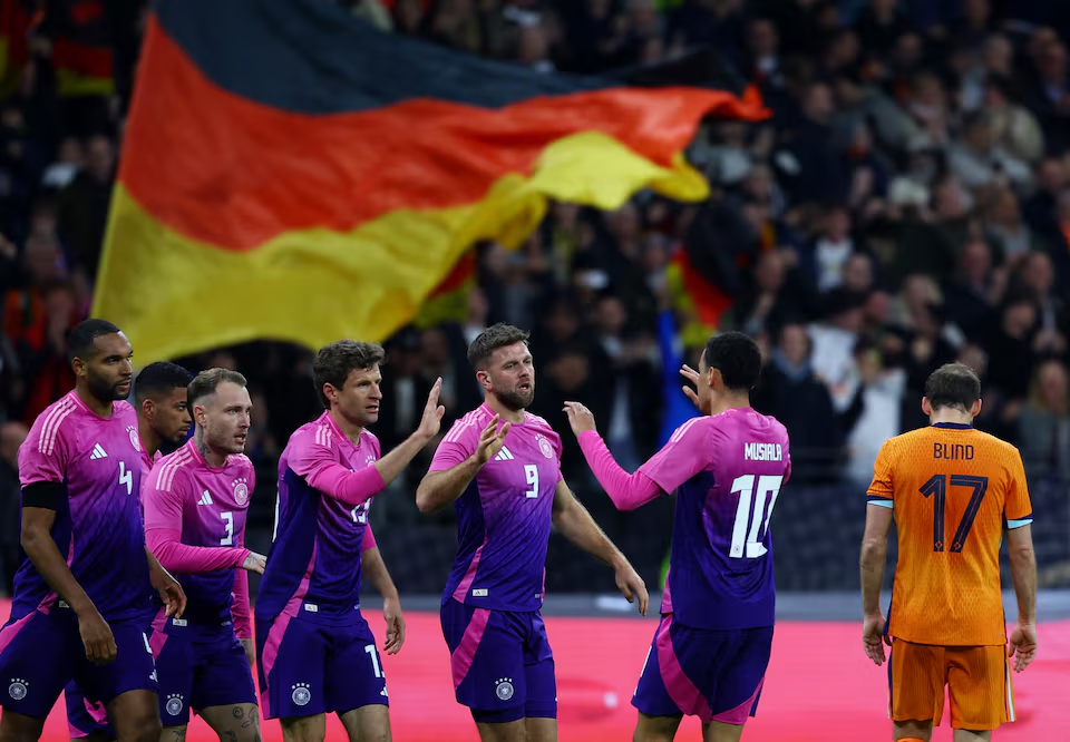 Archive photo from March 2024: Germany player Niclas Füllkrug celebrating with teammates after scoring his side's second goal against the Netherlands at Deutsche Bank Park, Frankfurt.