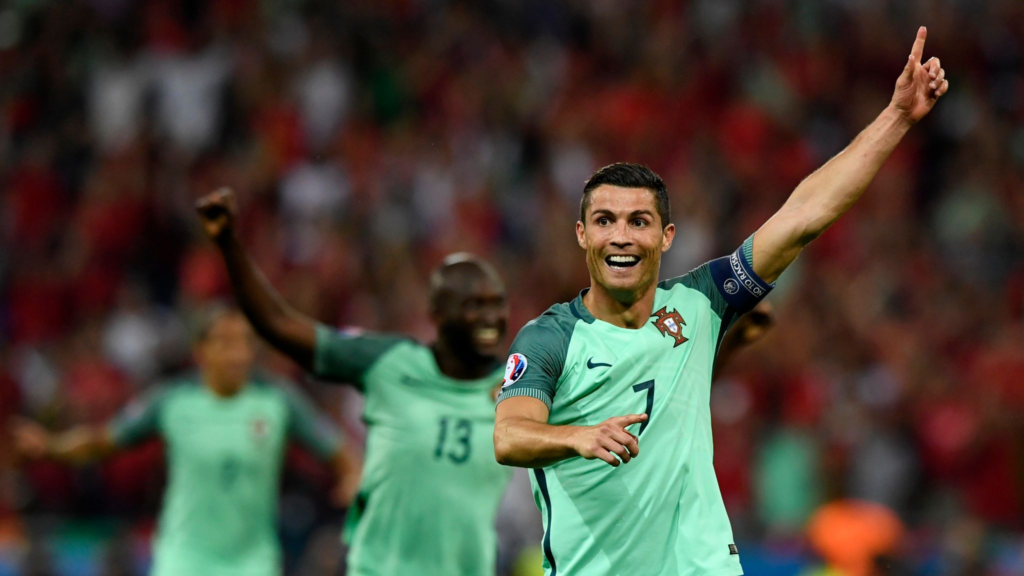 Archive photo from 6 July 2016: Portugal's Cristiano Ronaldo celebrating after scoring the opening goal against Wales in the Euro 2016 semi-final in Lyon.