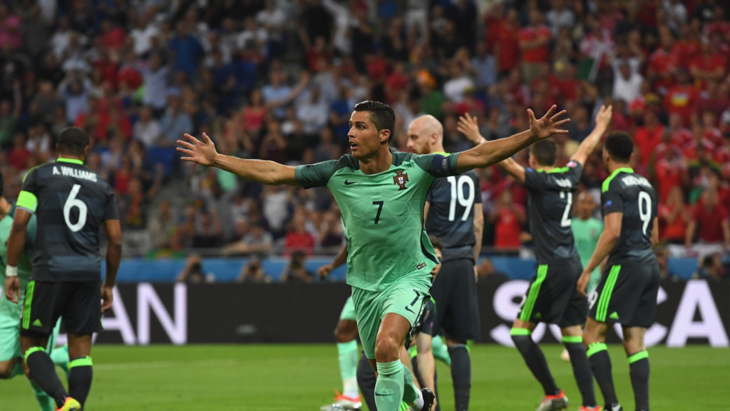 rchive photo from 6 July 2016: Portugal's Cristiano Ronaldo celebrating his side's opening goal against Wales in the Euro 2016 semi-final in Lyon.