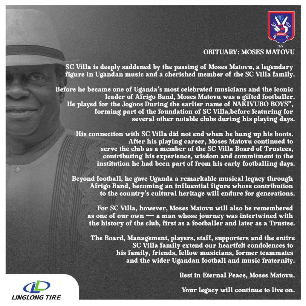 SC Villa obituary remembers former player Moses Matovu.