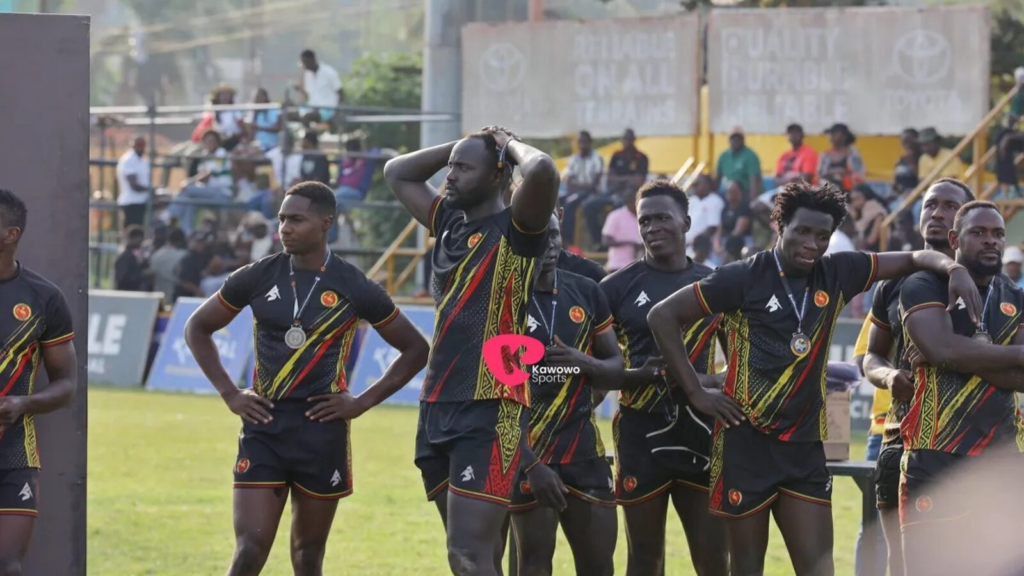 Uganda Rugby 7s players looking dejected after losing to Zimbabwe at the Africa 7s tournament at Kyadondo.