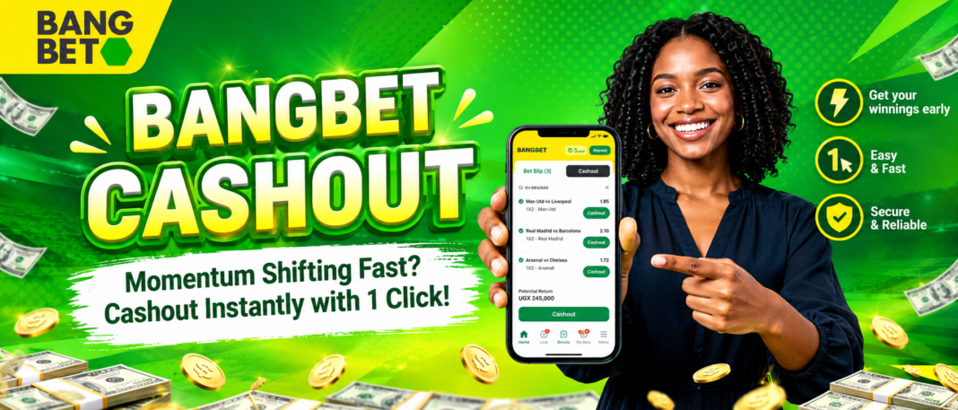Bangbet Cashout banner showing a woman holding a phone with cashout options