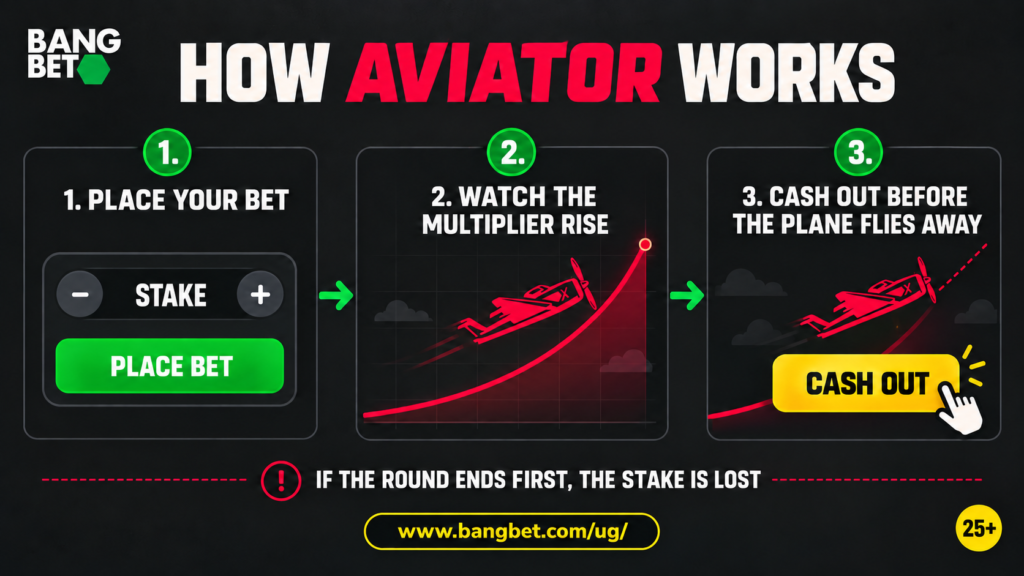 Infographic showing bet, rising multiplier and cash-out steps.