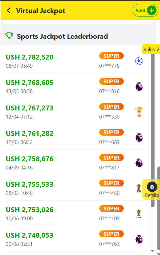 Bangbet Virtual Jackpot leaderboard showing recent Super awards above UGX 2.7 million, dates, masked phone numbers and associated competitions.