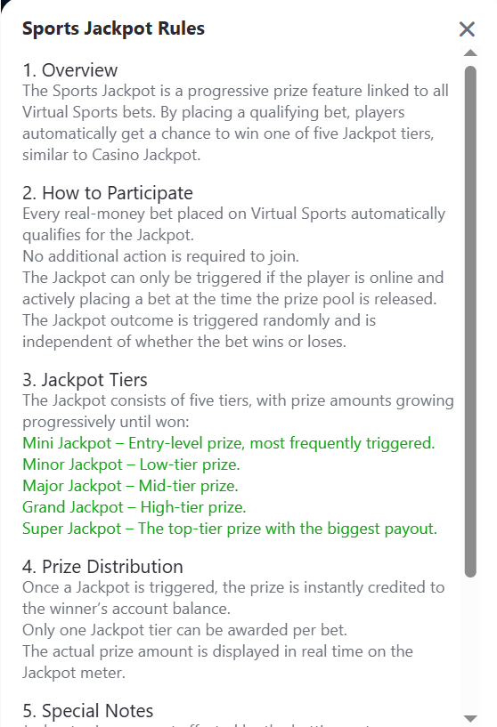 Bangbet Sports Jackpot rules describing automatic qualification through real-money Virtual Sports bets, random triggering, five prize tiers and instant account credit.