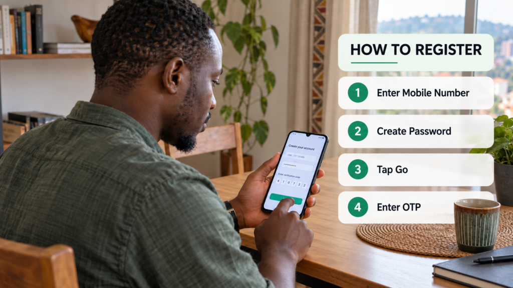 Ugandan man registering on a smartphone beside four steps: enter mobile number, create a password, tap Go and enter the OTP.