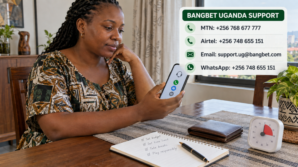 Ugandan woman viewing support options beside Bangbet Uganda contacts: MTN +256 768 677 777, Airtel and WhatsApp +256 748 655 151, and support.ug@bangbet.com, with budget and time-limit reminders.