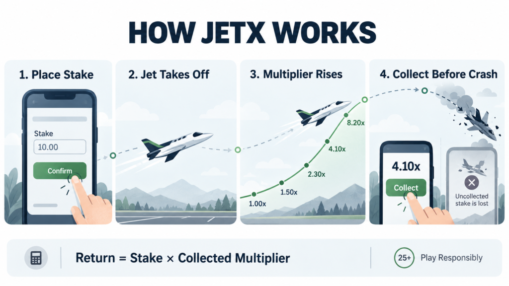 Four-panel JetX guide showing how to place a stake, watch the multiplier rise and collect before the jet crashes.