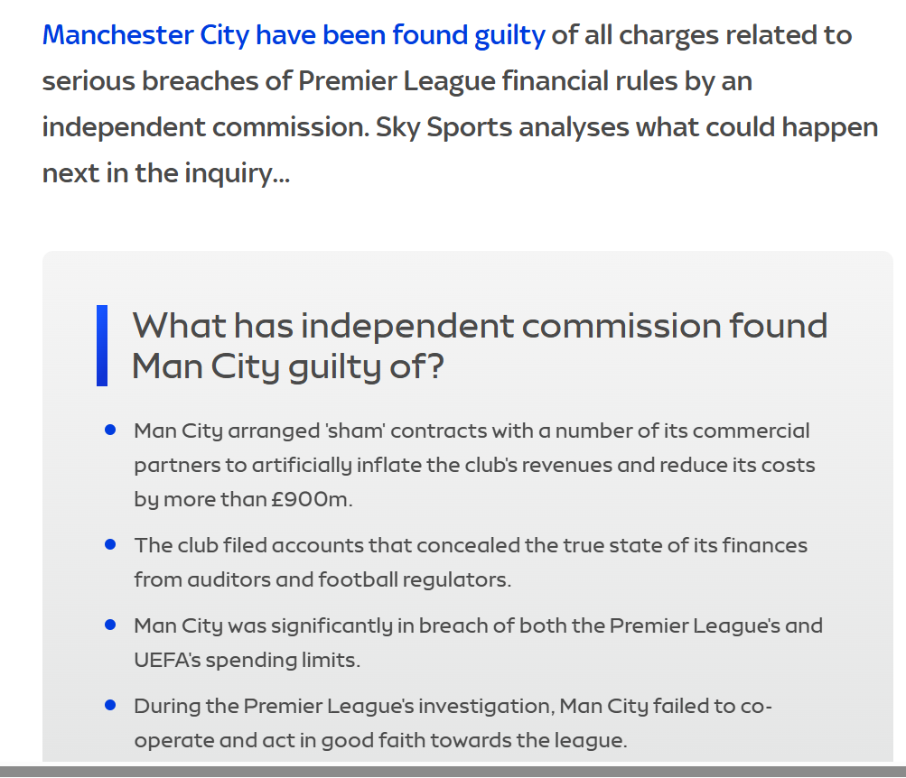 Sky Sports graphic on the Manchester City Premier League financial charges verdict, outlining commission findings on sham sponsorship contracts, concealed accounts, breaches of spending limits, and lack of cooperation with the investigation.