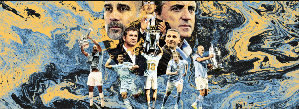 Manchester City montage on a blue, black and gold marbled background, featuring managers including Pep Guardiola and players lifting trophies, including the Premier League, FA Cup and Champions League.
