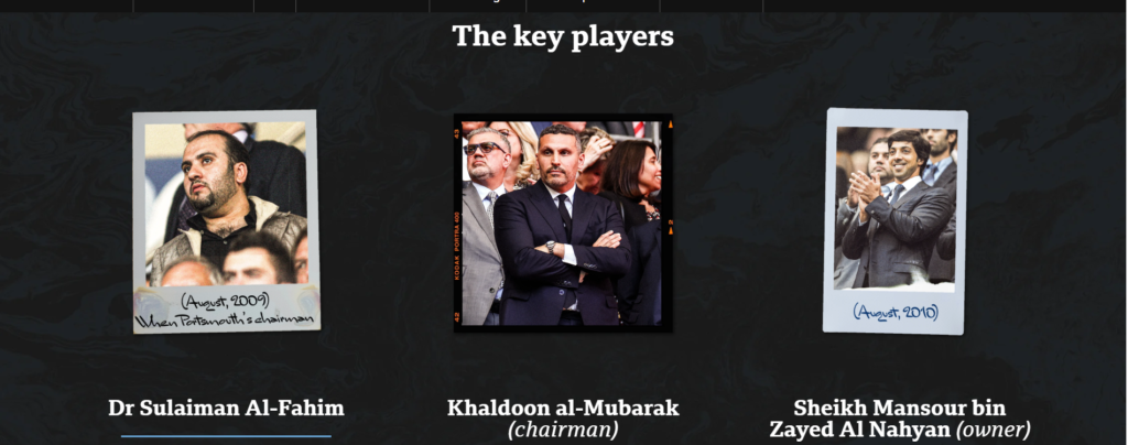 Graphic titled "The key players" in Manchester City's takeover story, showing polaroid-style photos of Dr Sulaiman Al-Fahim, chairman Khaldoon al-Mubarak, and owner Sheikh Mansour bin Zayed Al Nahyan,