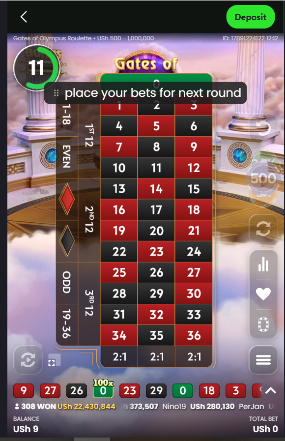 Gates of Olympus Roulette screen showing the numbered betting grid, recent results and an 11-second countdown on Bangbet Uganda.