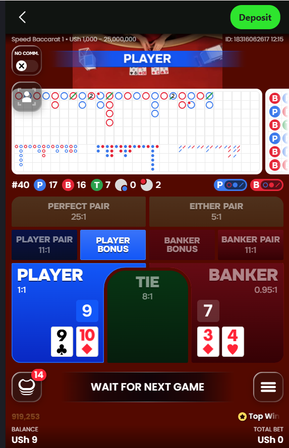 Speed Baccarat screen on Bangbet Uganda showing Player nine, Banker seven, baccarat roads and betting options.
