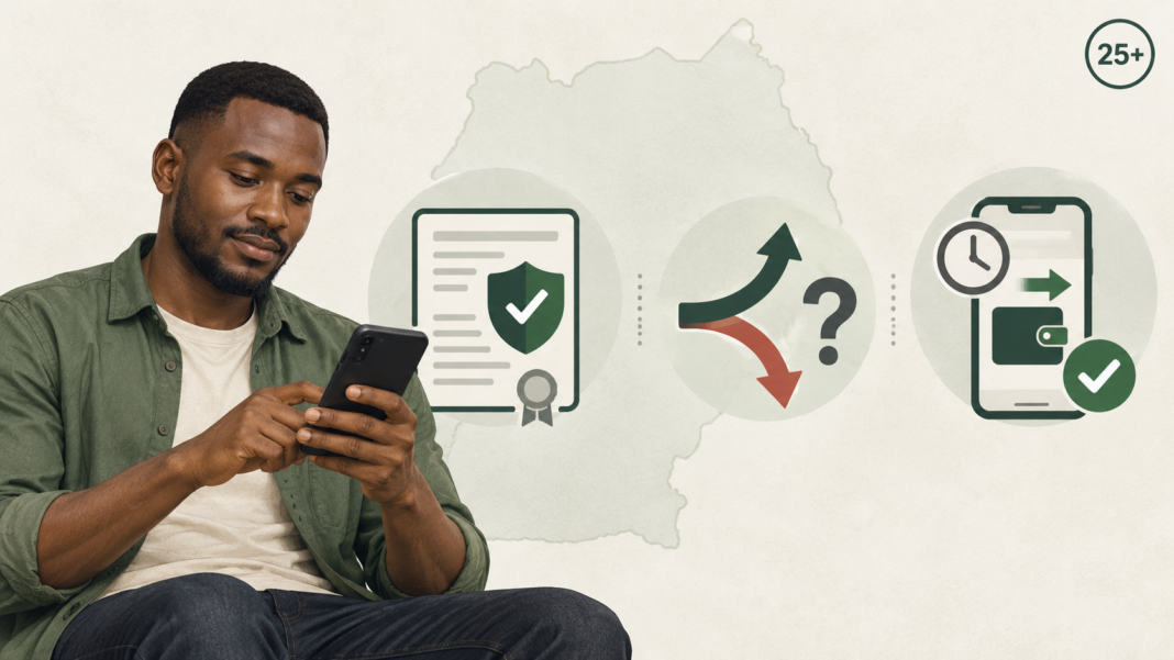 Neutral illustration of a Ugandan adult reviewing gambling information beside separate licence, uncertain-outcome and withdrawal-verification symbols.