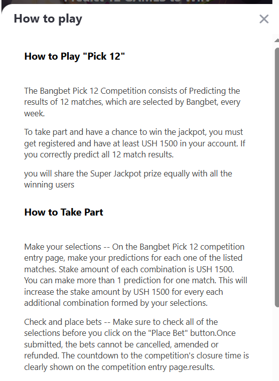 Screenshot of Bangbet Pick 12 instructions covering 12-match predictions, the UGX 1,500 combination stake, shared jackpot and ticket-submission rules.