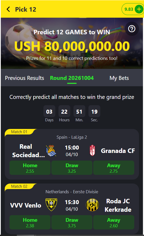 Bangbet Pick 12 screen showing the UGX 80 million prize, round countdown and Home, Draw or Away options for listed football matches.
