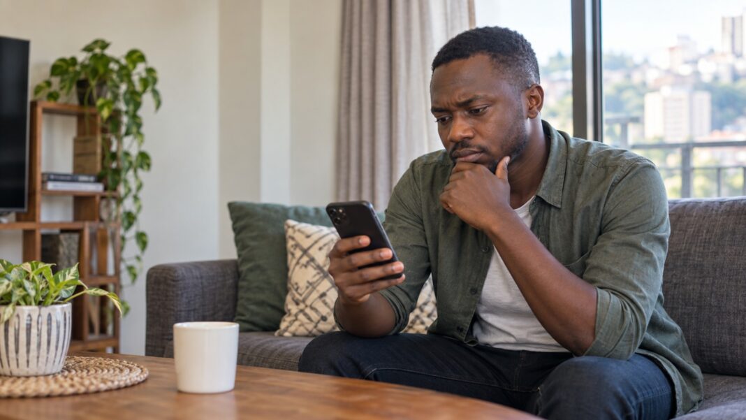Adult Ugandan man troubleshooting a loading problem on his smartphone at home.