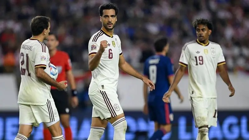 Spain forward Mikel Merino celebrating after scoring his 14th and 15th goals for the national team.