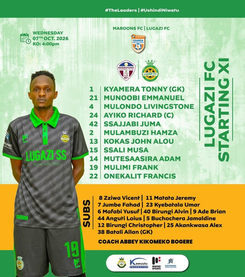 Lugazi FC starting lineup graphic for Maroons fixture.
