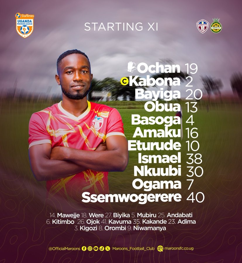 Maroons FC starting lineup graphic for Lugazi fixture.