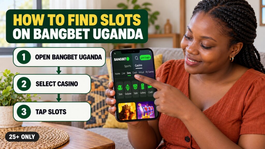Woman selects Slots through Bangbet Uganda casino navigation.
