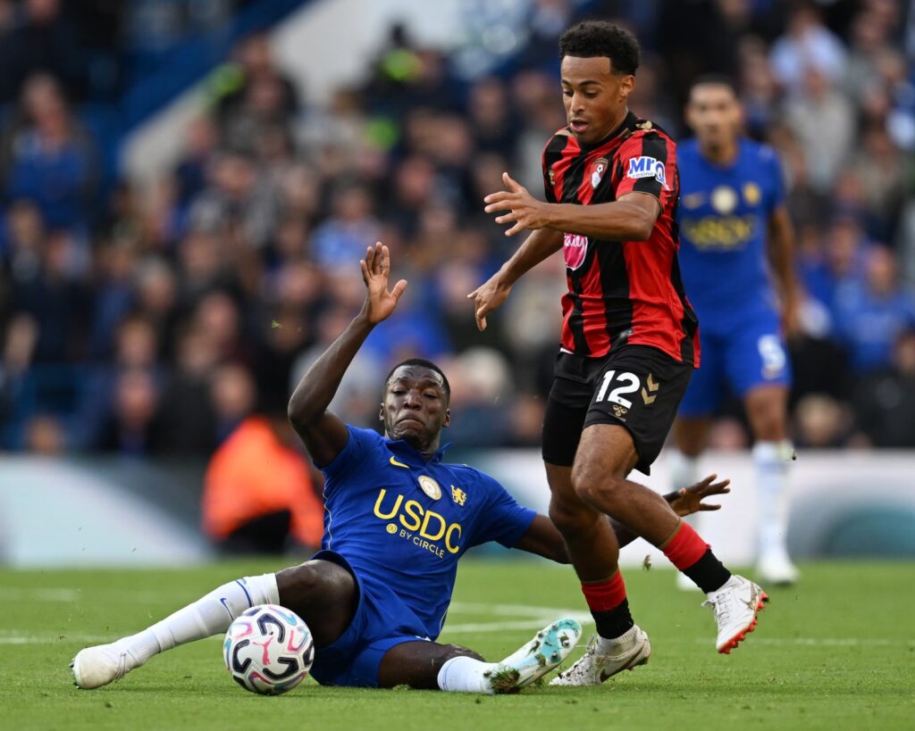 Chelsea midfielder Moisés Caicedo, on the left, pictured on his return to the team after a spell out with injury.