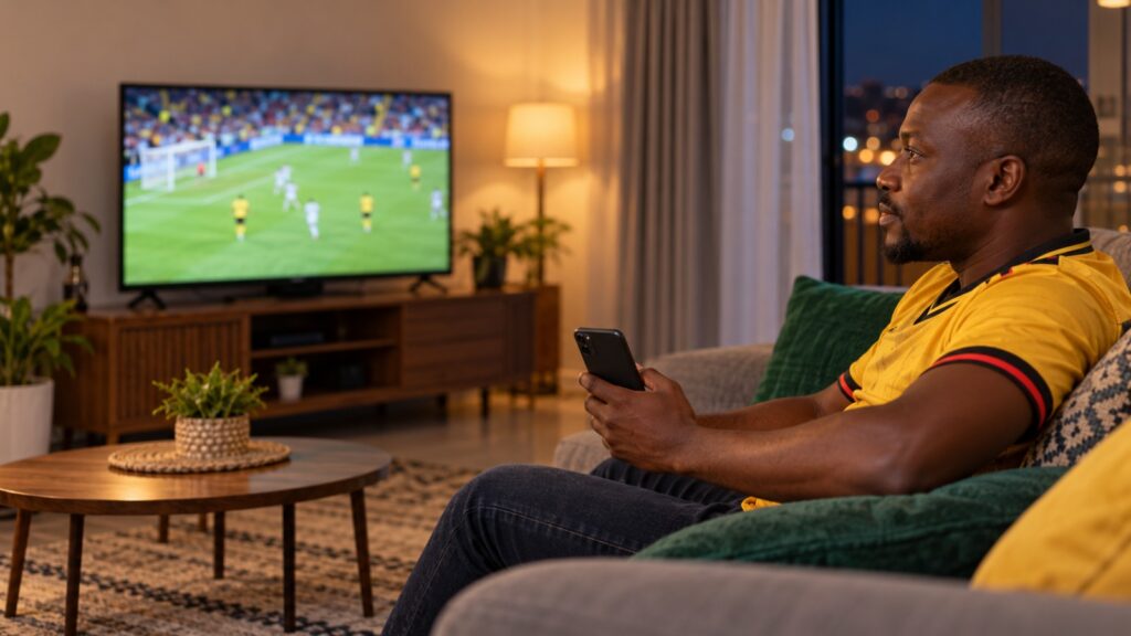 Ugandan man watches football while holding a smartphone.