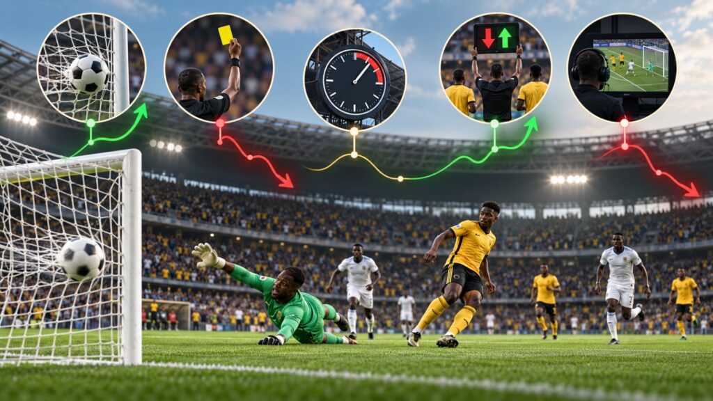 Football events illustrate changing live odds during play.