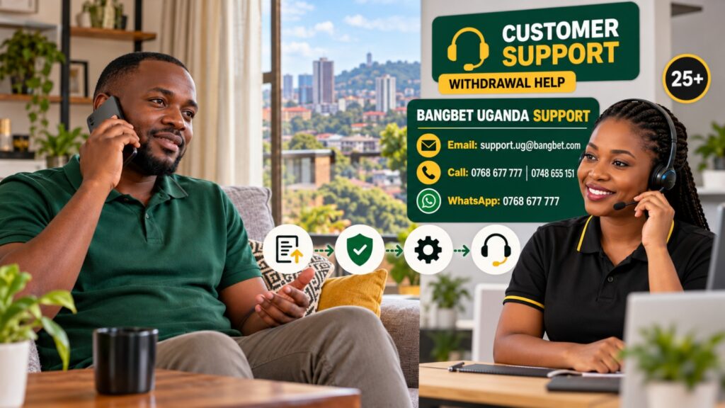 Ugandan customer contacts Bangbet withdrawal support using phone.
