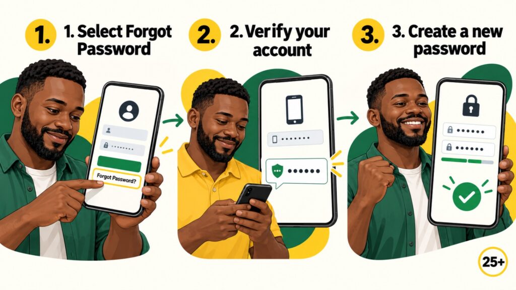 Illustration showing three steps to reset Bangbet password.